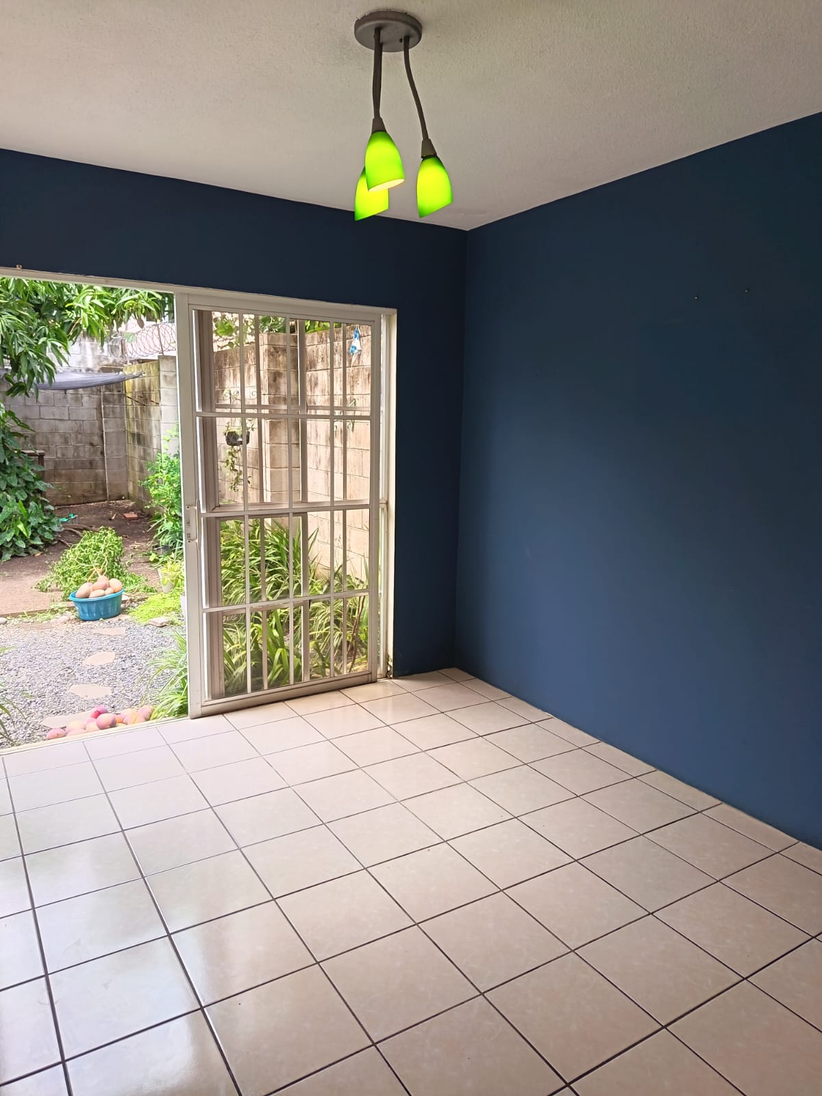 Sala principal con acceso al patio trasero y adornado con luz artificial